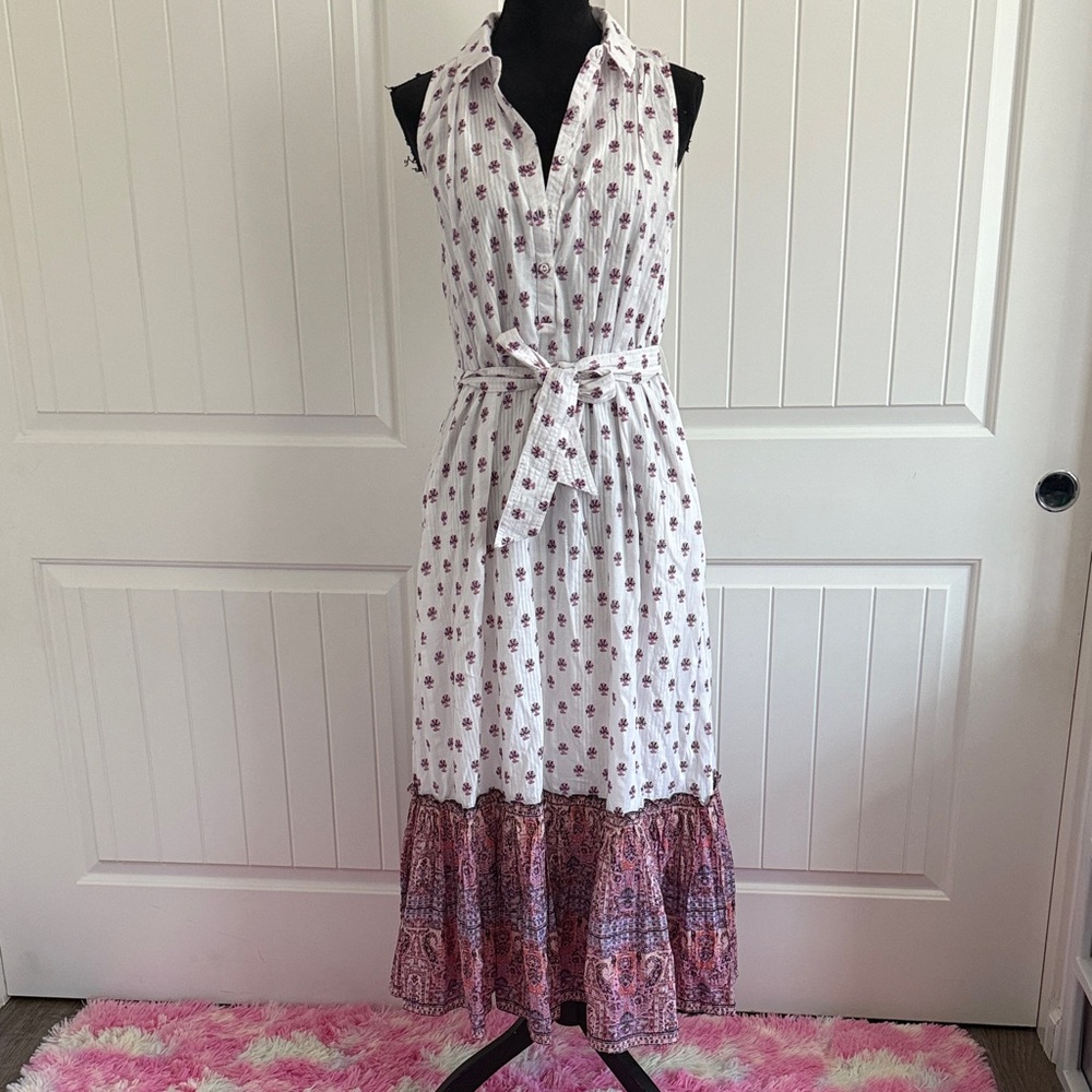Cleobella Floral White and Pink Midi Dress. Nayeli ankle dress Mahal print